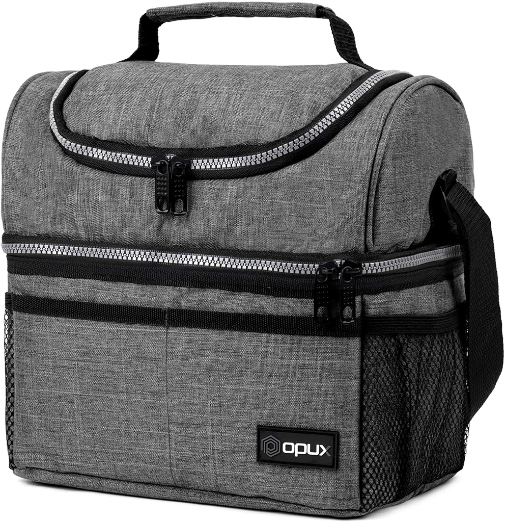 Insulated Dual Compartment Lunch Bag for Men, Women | Double Deck Reusable Lunch Box Cooler with Shoulder Strap, Leakproof Liner | Medium Lunch Pail for School, Work, Office (Heather Gray)