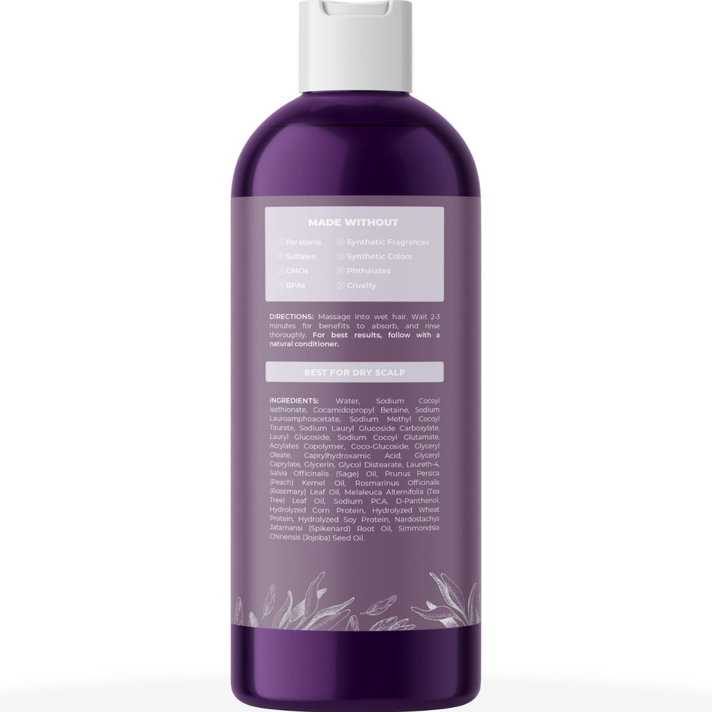 Sage Shampoo for Dry Scalp Care - Sulfate Free Shampoo for Dry Hair and Flaky Scalp with Natural Essential Oils for Hair - Clarifying Shampoo for Build up and Thicker Fuller Hair with Sage Oil
