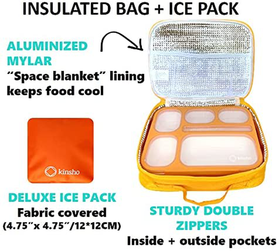 Bento-Box with Lunch Bag and Ice Pack Set. Lunch-Boxes Snack Containers for Kids Boys Girls Adults. 4 Compartments, Leakproof Portion Container, Insulated Bags for School Lunches, Yellow-Green