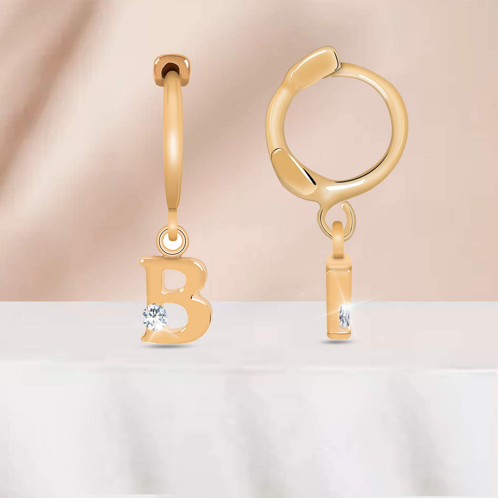 14K Gold Initial Charm Hoop Huggie Earring Handmade Personalized Alphabet Letter CZ Simulated Diamond Cute Hoop Dangle Earrings Gift for Women