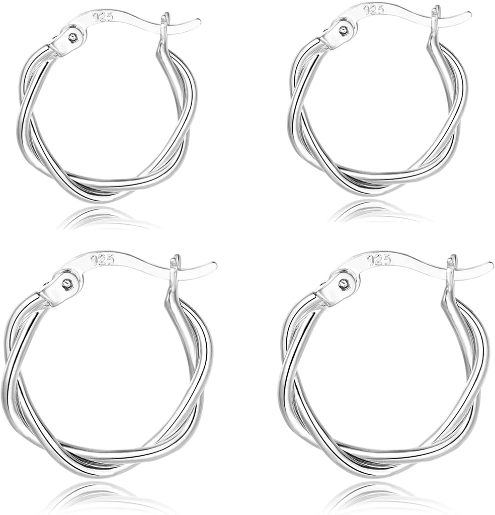 3 Pairs Small Silver Hoop Earrings- 925 Sterling Silver Post 14K White Gold Plated Small Hoop Earrings Set| Twisted Silver Hoop Earrings for Women Men Girls 13/15/20mm