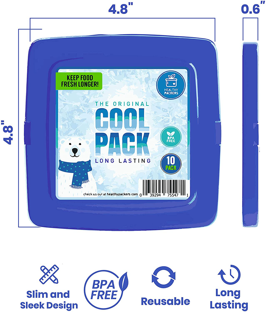 Healthy Packers Cool Pack, Slim Ice Pack for Lunch Box - Quick Freeze and Long-Lasting - Freezer Cold Packs for Cooler Bag and Lunch Boxes - Original Long-Lasting Formula (10 pack)