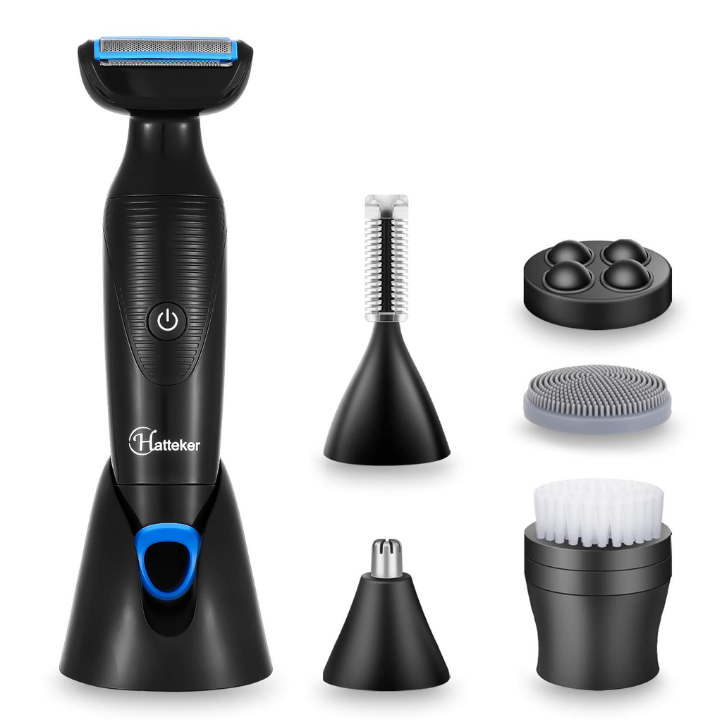 Hatteker Mens Grooming Kit 6 in 1 USB Rechargeable Body Hair Trimmer with Nose/Ear, Eyebrow Hair Trimmer,Facial Cleansing, Massaging Head,Silicone Head -Washable Personal Care Set
