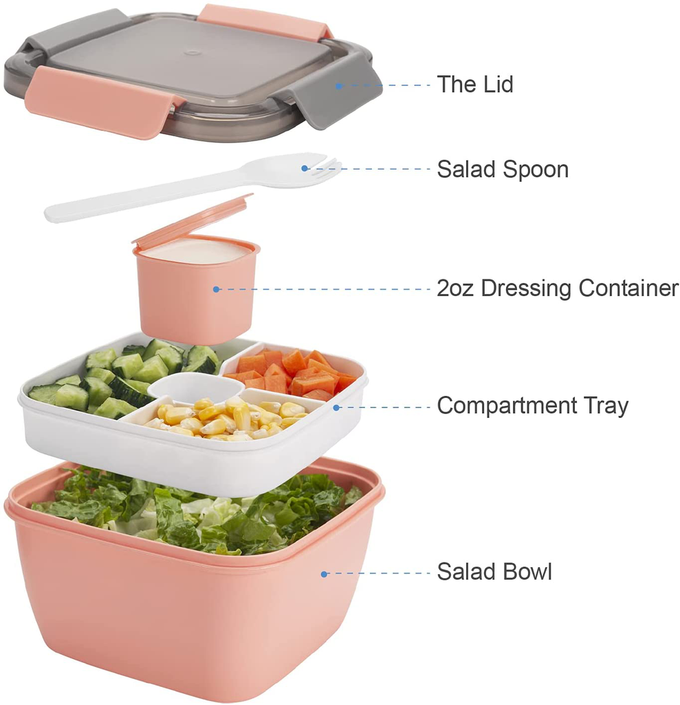 Freshmage Salad Lunch Container To Go, 52-oz Salad Bowls with 3 Compartments, Salad Dressings Container for Salad Toppings, Snacks, Men, Women (Pink)