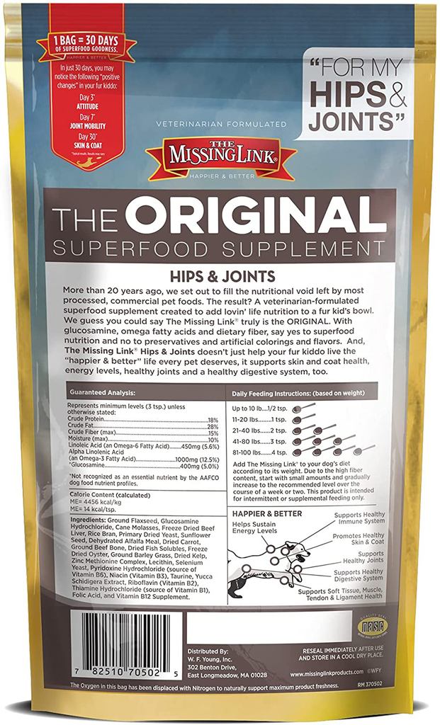 The Missing Link Original Hips & Joints Powder, All-Natural Veterinarian Formulated Superfood Dog Supplement, Balanced Omegas 3 & 6 + Glucosamine + Dietary Fiber for Mobility & Digestive Health