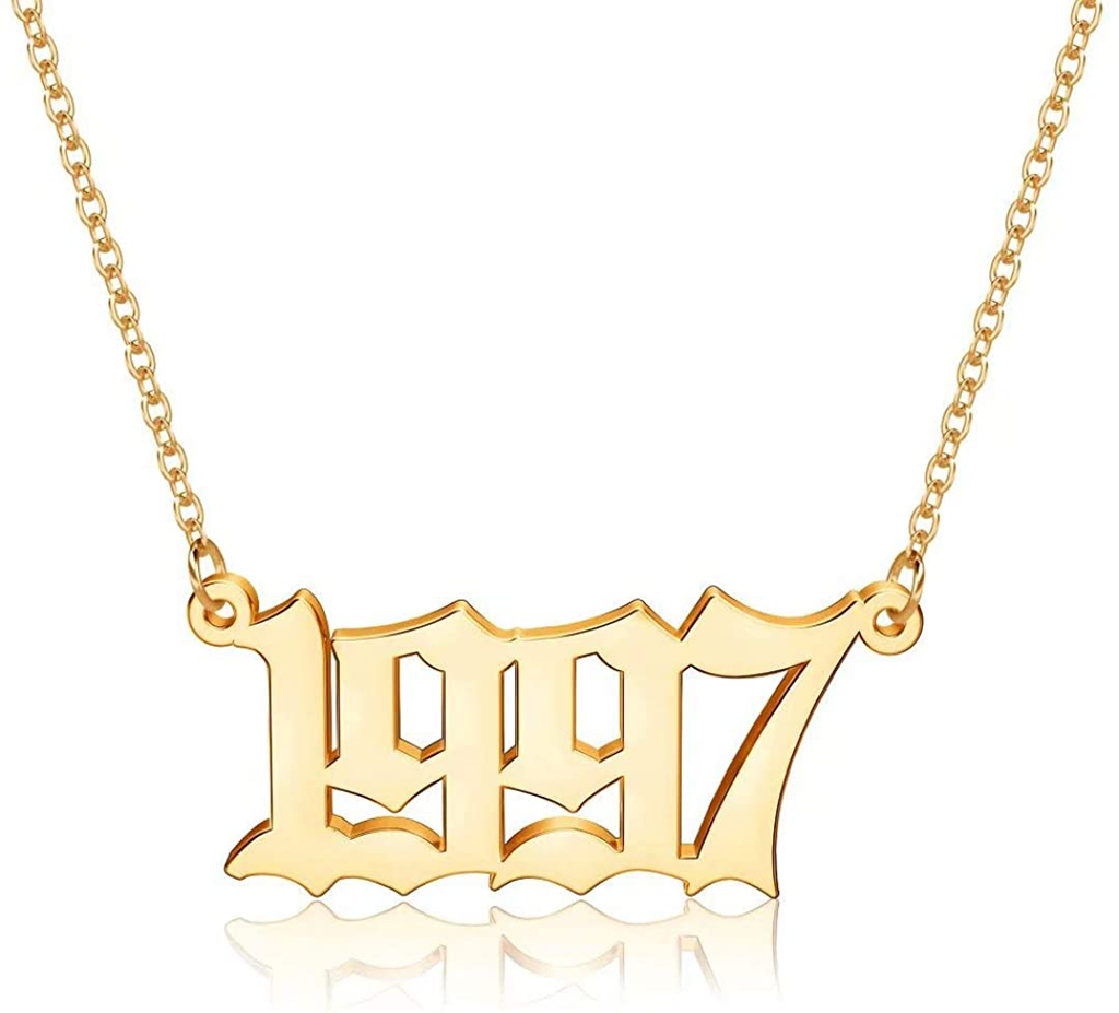 M MOOHAM Birth Year Necklace for Women, 18K Gold Plated Old English Birth Year Number Pendant Necklace Jewelry Gifts for Women Birthday Anniversary, 1970-2021