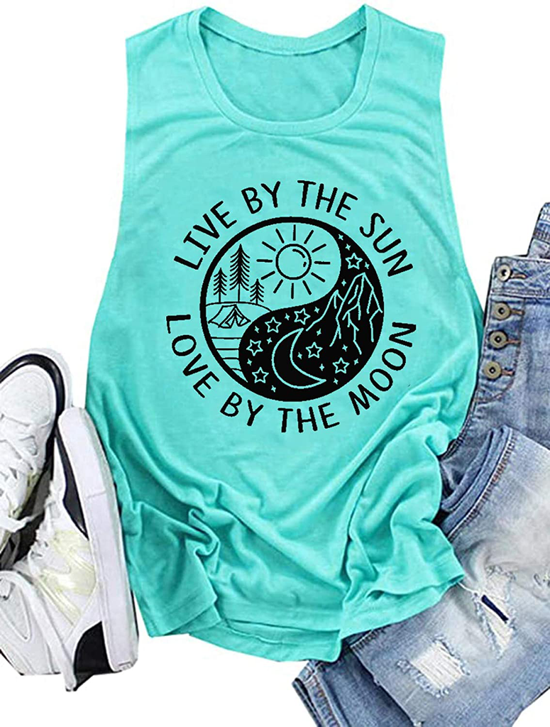 Live by The Sun Love by The Moon Tank Tops Women Funny Sun Moon Graphic T-Shirt Casual Sleeveless Beach Shirt Tank