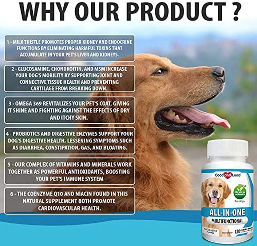 Coco and Luna Multivitamin for Dogs - Glucosamine, Chondroitin, Essential Dog Vitamins, DHA, EPA, Probiotics & Enzymes, Immune Support for Dogs