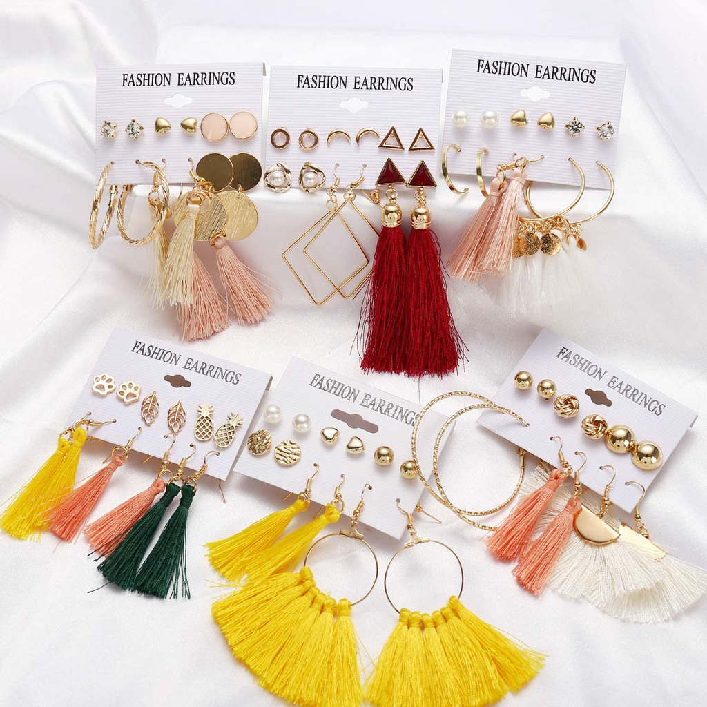 72/92 pairs Colorful Earrings with Tassel Earrings,Layered Ball Dangle Leopard Hoop Stud Jacket Earrings for Women Girls Valentine Birthday Party