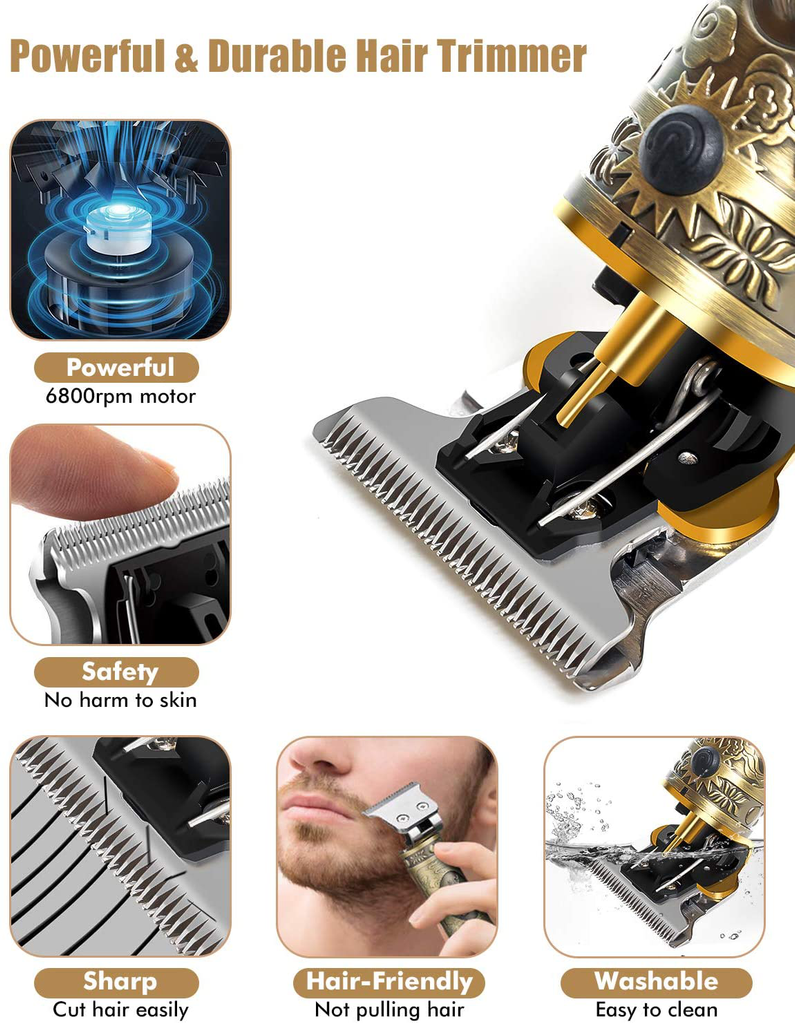 Qhou Upgraded T Blade Hair Trimmer for Men, Cordless Electric Pro Li Outliner, Zero Gapped Detail Barbershop Beard Shaver Rechargeable Hair Clippers with Limit Combs Guards & LED Display - Bronze