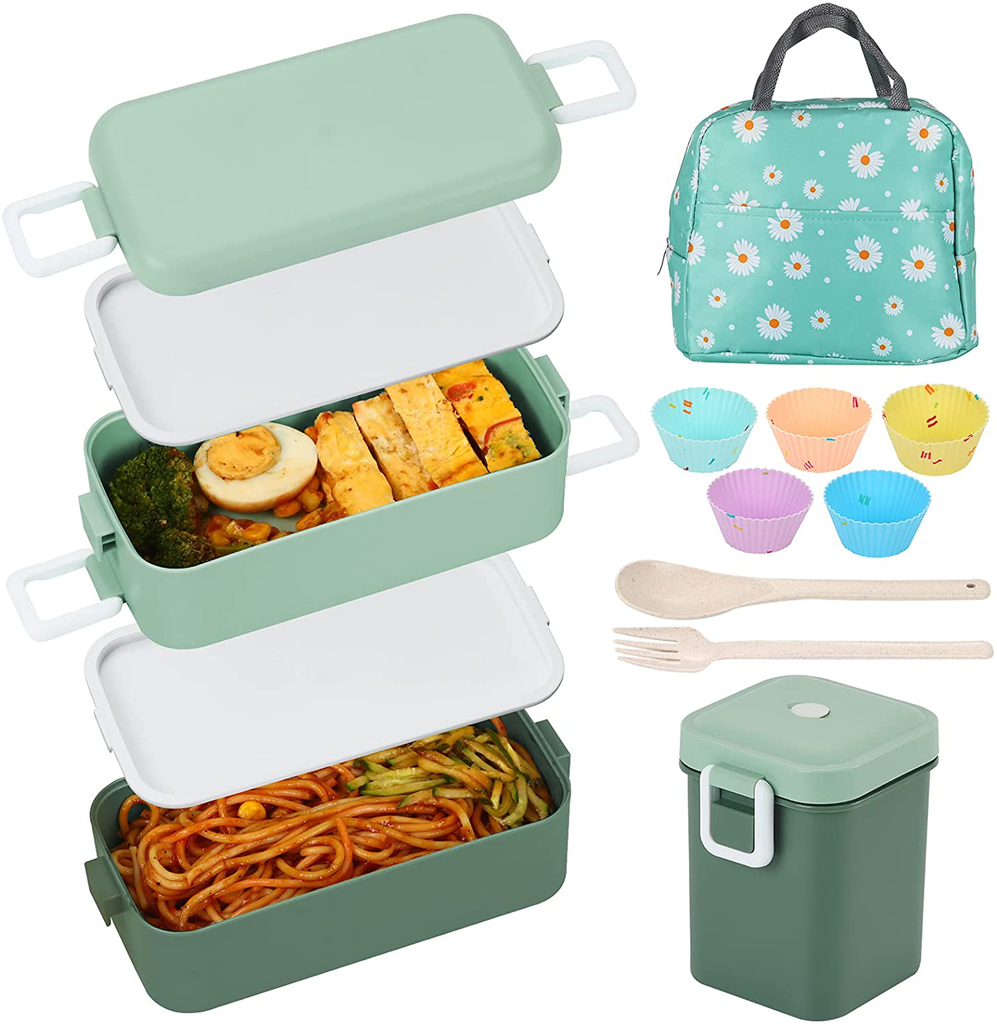 Bento Box Japanese Lunch Box Kit,2-In-1 Compartment,Leakproof Bento Lunch Box Meal Prep Containersfor Kids & Adults,Microwave, Dishwasher & Freezer Safe (Vibrant Green)
