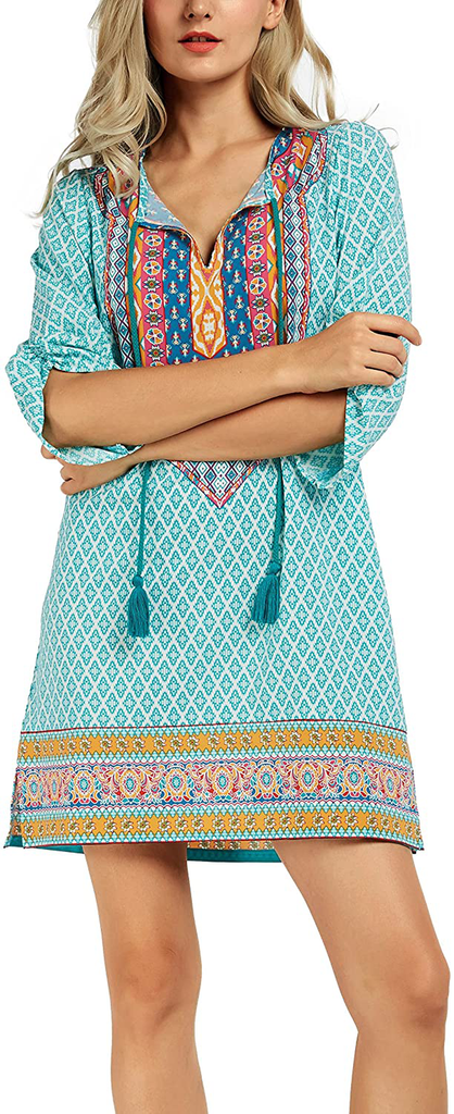 Women Bohemian Neck Tie Vintage Printed Ethnic Style Summer Shift Dress