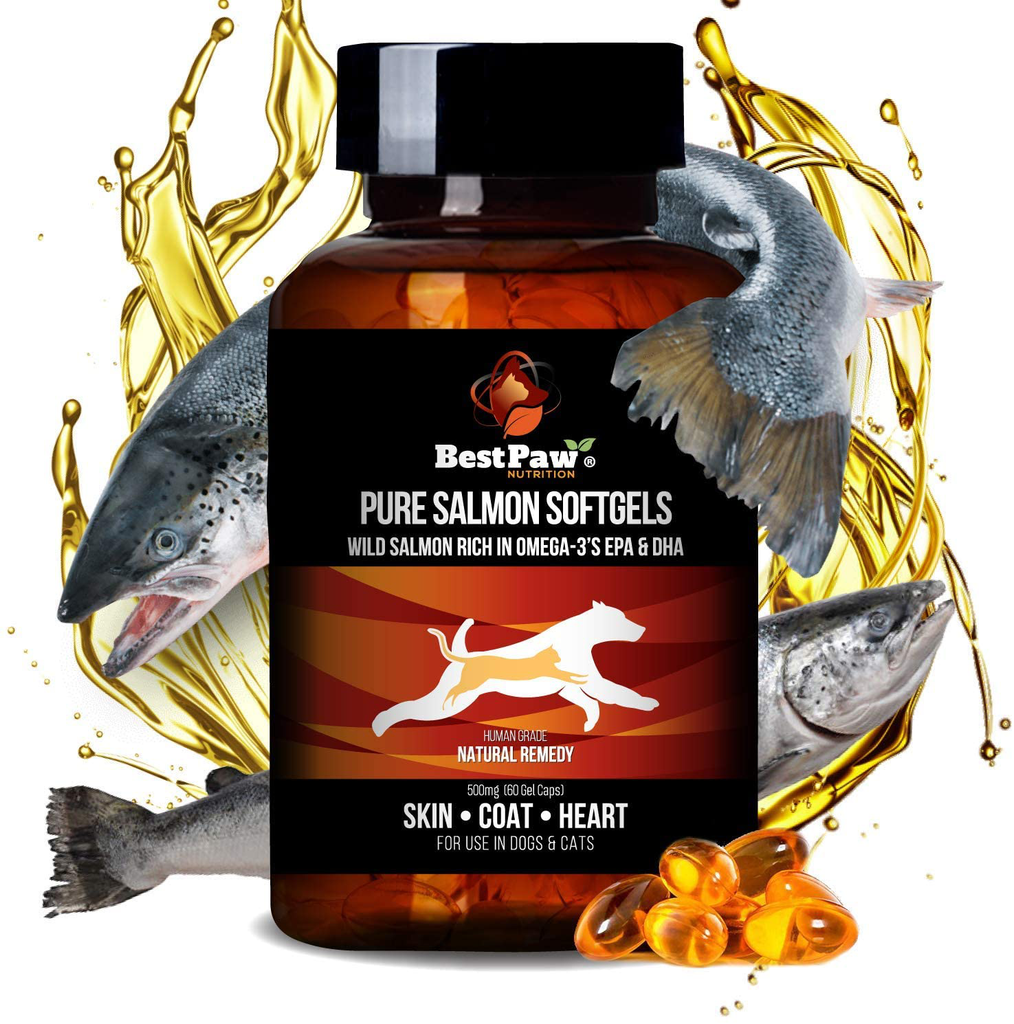 Best Paw Nutrition - Pure Salmon Soft Gels for Dogs & Cats - Omega 3 Capsules Supplement - Skin & Coat, Eyes, Heart Health - Immune Support Vitamins Pets Love