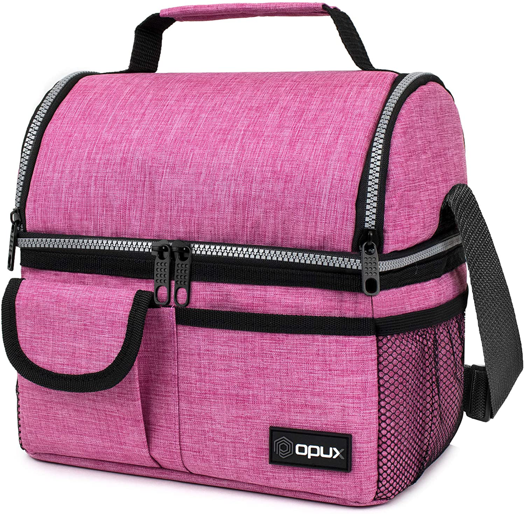 OPUX Insulated Dual Compartment Lunch Bag for Women | Double Deck Reusable Lunch Pail Cooler Bag with Shoulder Strap, Soft Leakproof Liner | Large Lunch Box Tote for Work, School (Pink)