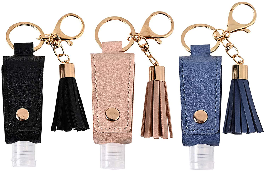 Portable Empty Travel Bottle Keychain Hand Sanitizer Bottle Holder 3 Pack 1Oz / 30Ml Small Squeeze Bottle Refillable Containers for Toiletry Shampoo Lotion Soap (Black+Pink+Blue)