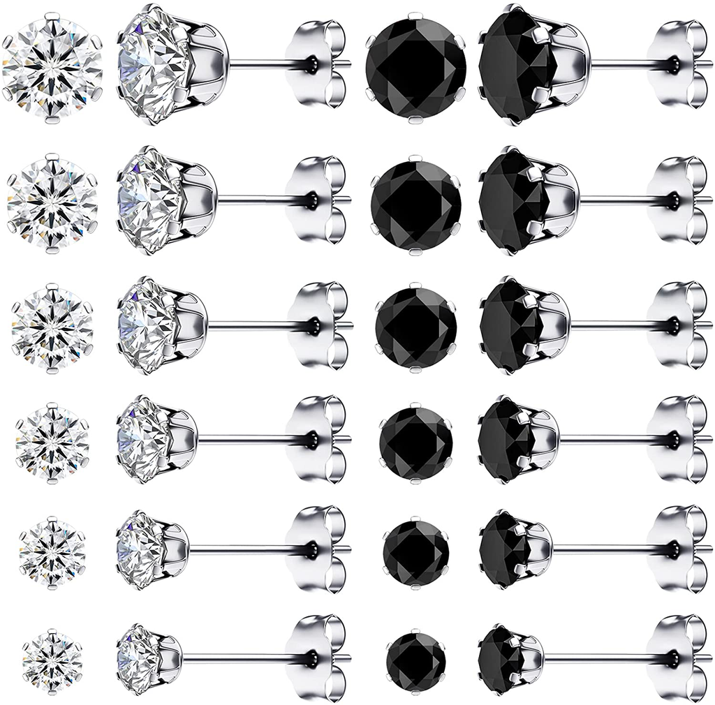 Earrings for Women Surgical steel Cubic Zirconia Stud Earrings Set（12 Pairs,Black&White，3mm-8mm）