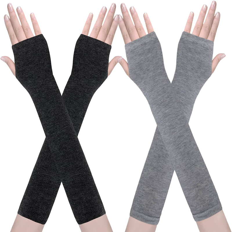 2 Pairs Women's Long Fingerless Gloves Knit Arm Warmer Thumb Hole Stretchy Gloves