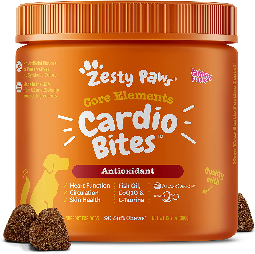 Zesty Paws Cardiovascular Soft Chews for Dogs - with AlaskOmega Fish Oil with Omega 3 Fatty Acids + Antioxidants - Plus CoQ10, L Taurine & L Carnitine for Dog Heart Health - 90 Count