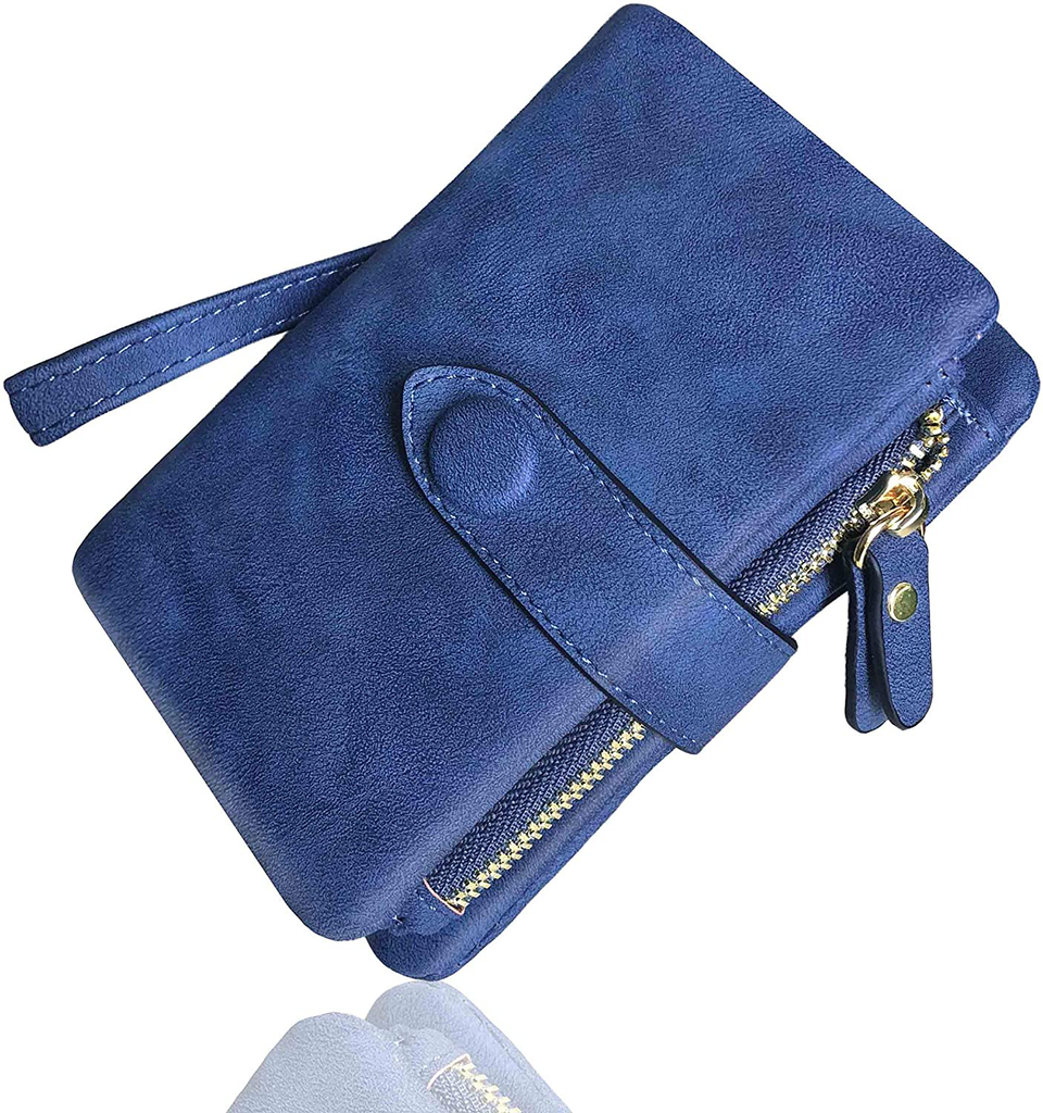 AOXONEL Women's Small Bifold Leather wallet Rfid blocking Ladies Wristlet with Card holder id window Coin Purse (Blue)