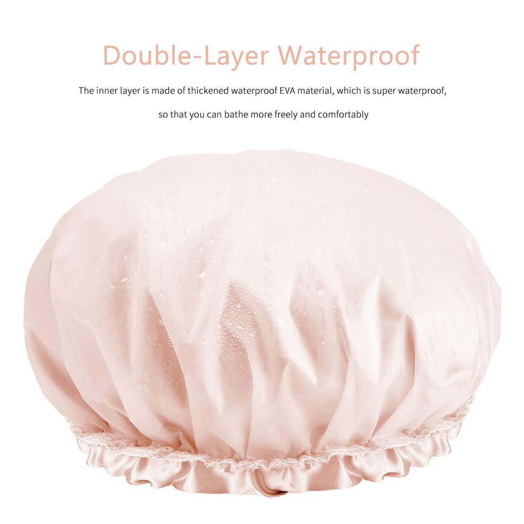 Auban Extra Large Shower Cap, Bowknot Double Layer Reusable Bath Hair Caps with Silky Satin for Women Beauty Bathing, Hair Spa, Home Hotel Travel Use (Azure)