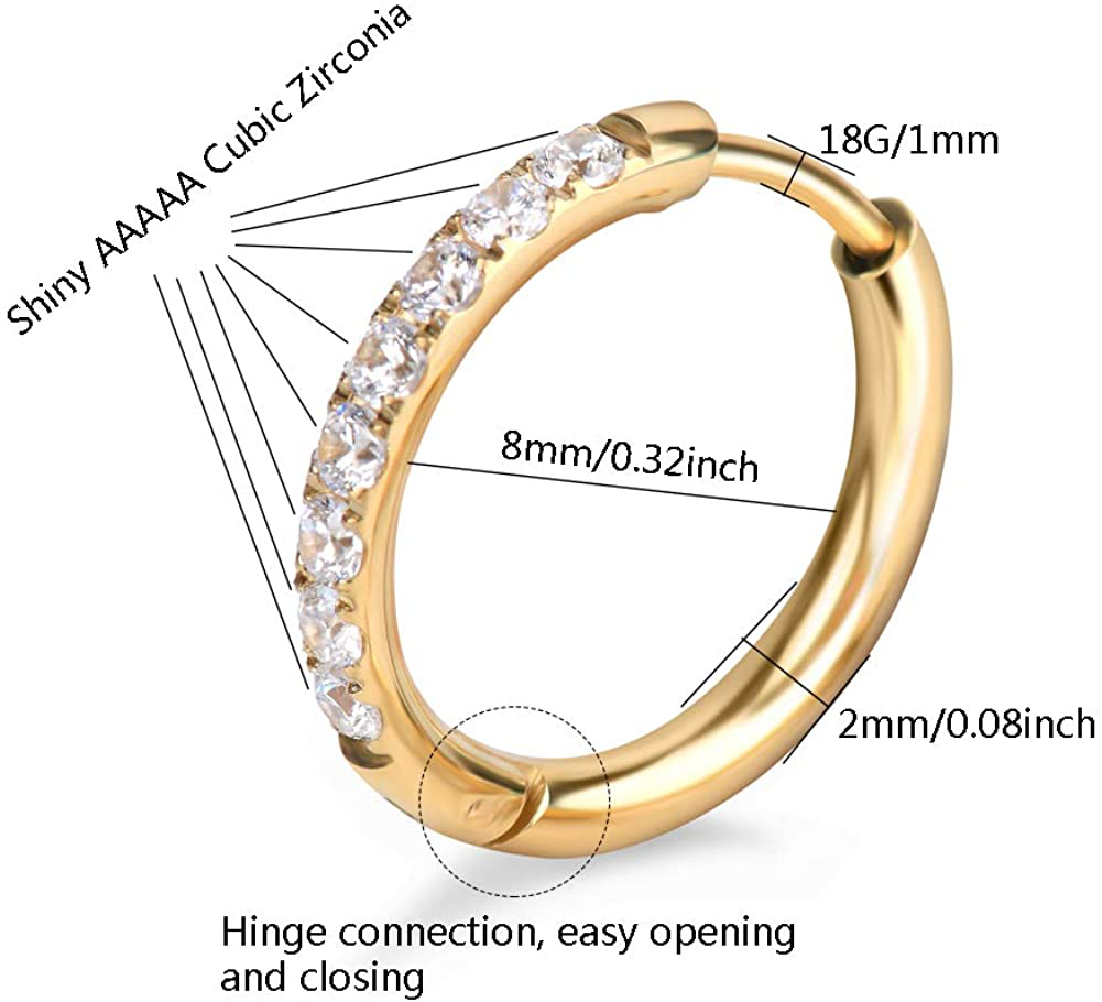 Hypoallergenic Unisex Surgical Steel Small Cubic Zirconia Huggie Hoop Earring, Color Gold - Silver - Rose Gold - Black - Rainbow, Size 6mm- 12mm Safe for Sensitive Ear