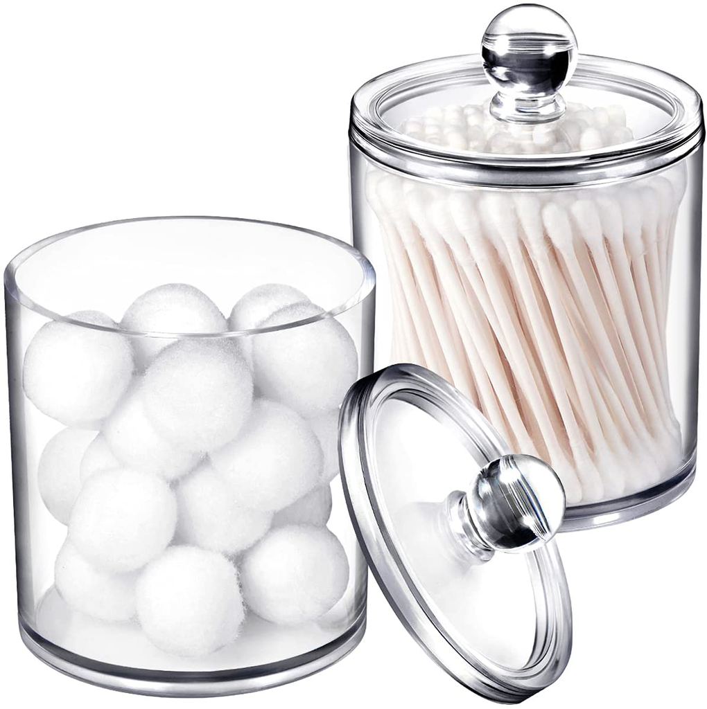 2 Pack of 15 Oz. Qtip Dispenser Apothecary Jars Bathroom with Labels - Qtip Holder Storage Canister Clear Plastic Acrylic Jar for Cotton Ball,Cotton Swab,Q-tips,Cotton Rounds (2 Pack of 15 Oz.，Small )