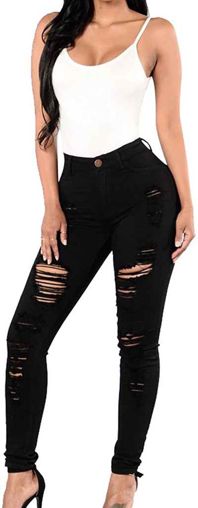 Sexyshine Women's High Waisted Skinny Destroyed Ripped Hole Denim Pants Long Stretch Pencil Jeans