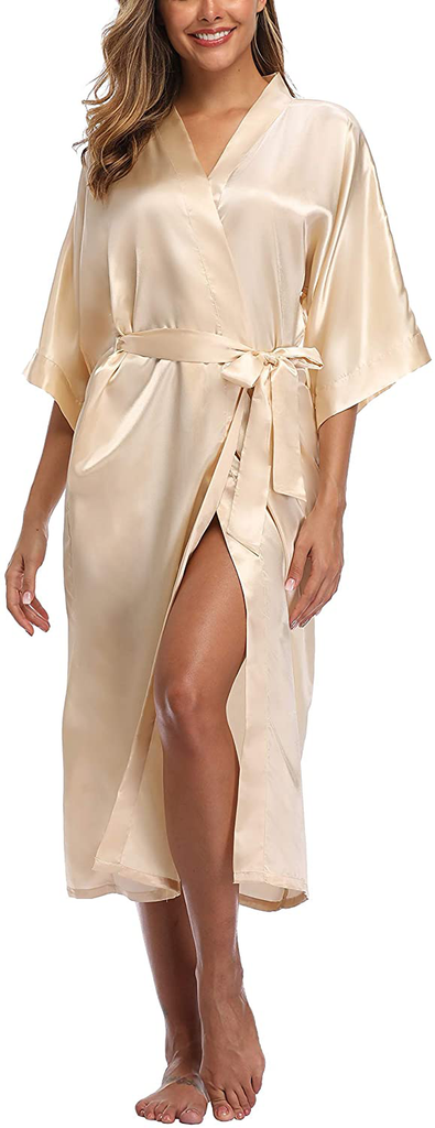 Womens Pure Color Long Satin Bathrobe Kimono Nightgown Long Dress Gown