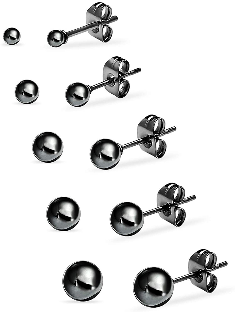 5 Pair Set Stainless Steel Round Ball Stud Earrings for Women Men & Teens, Assorted Colors