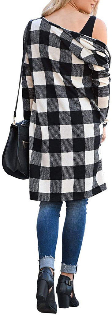 Dressmine Women's Long Sleeve Open Front Cardigan Buffalo Plaid Knitted Maxi Sweater Coat Outwear