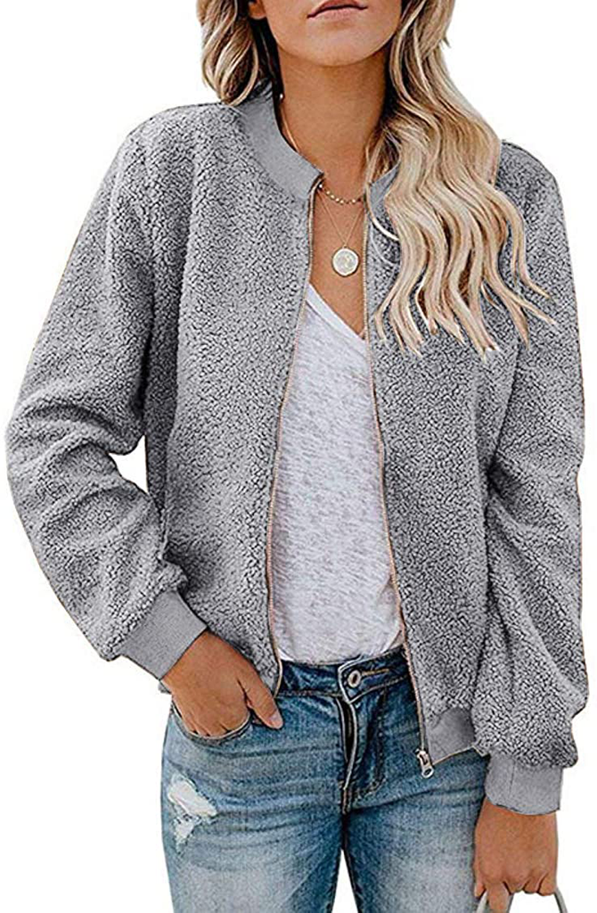 MIROL Women's Sherpa Fleece Jacket Faux Fuzzy Long Sleeve Casual Zip Up Bomber Coat