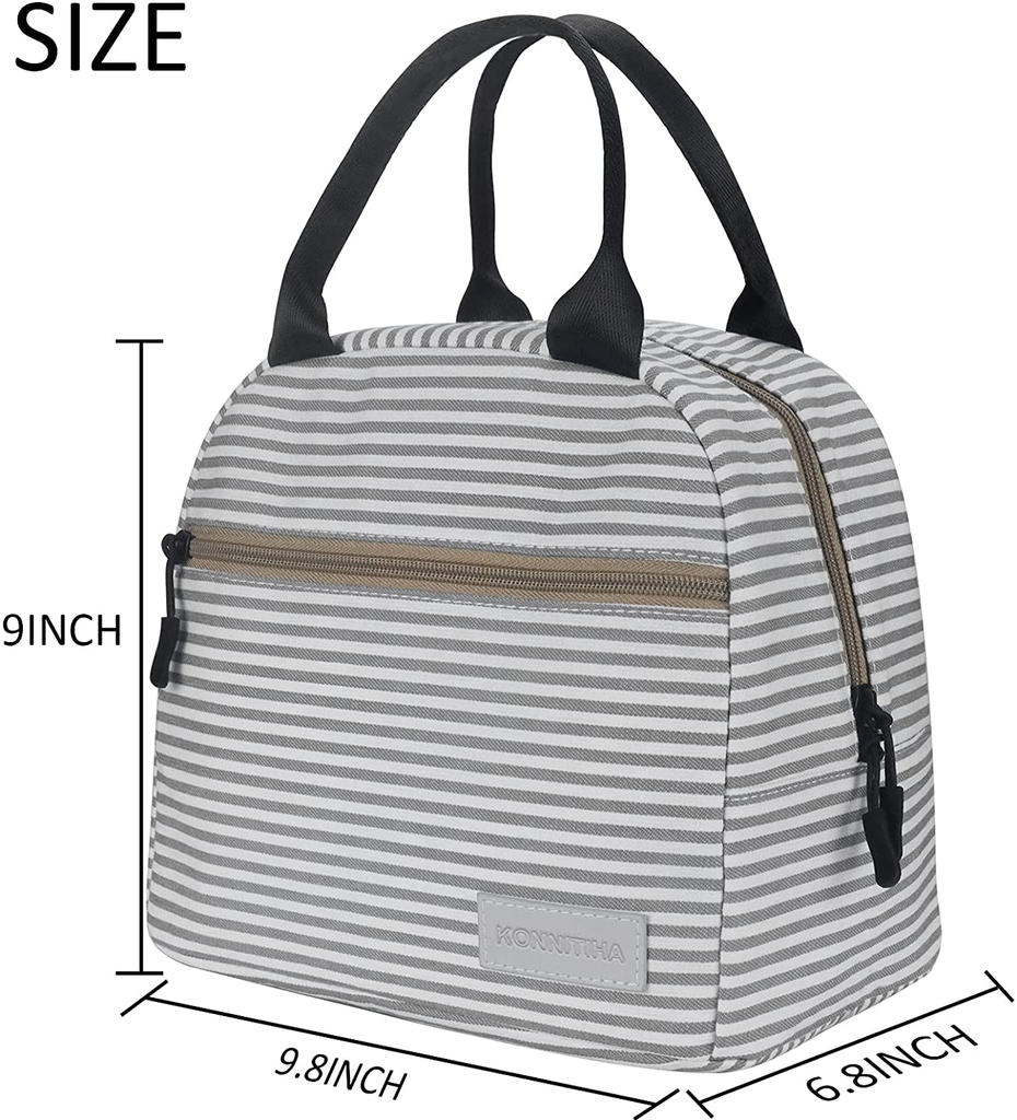 KONNITIHA Lunch Bag Reusable Large Insulated，Adult Tote Box with Two Pockets For Woman Man Work，Office，School, Picnic or Travel (Grey stripes)