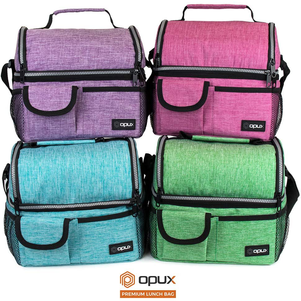 OPUX Insulated Dual Compartment Lunch Bag for Women | Double Deck Reusable Lunch Pail Cooler Bag with Shoulder Strap, Soft Leakproof Liner | Large Lunch Box Tote for Work, School (Floral Purple)