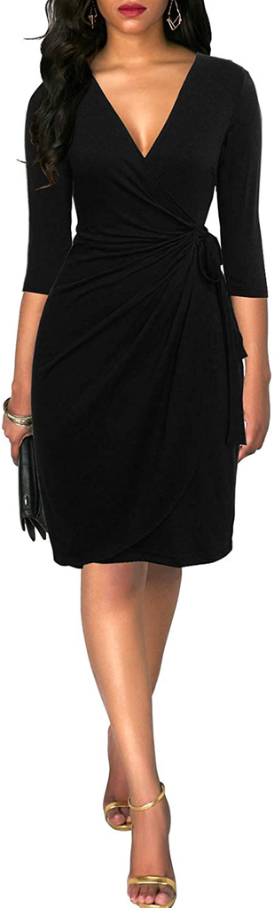 Berydress Women's Classic 3/4 Sleeve V Neck Sheath Casual Party Work Faux Black Wrap Dress