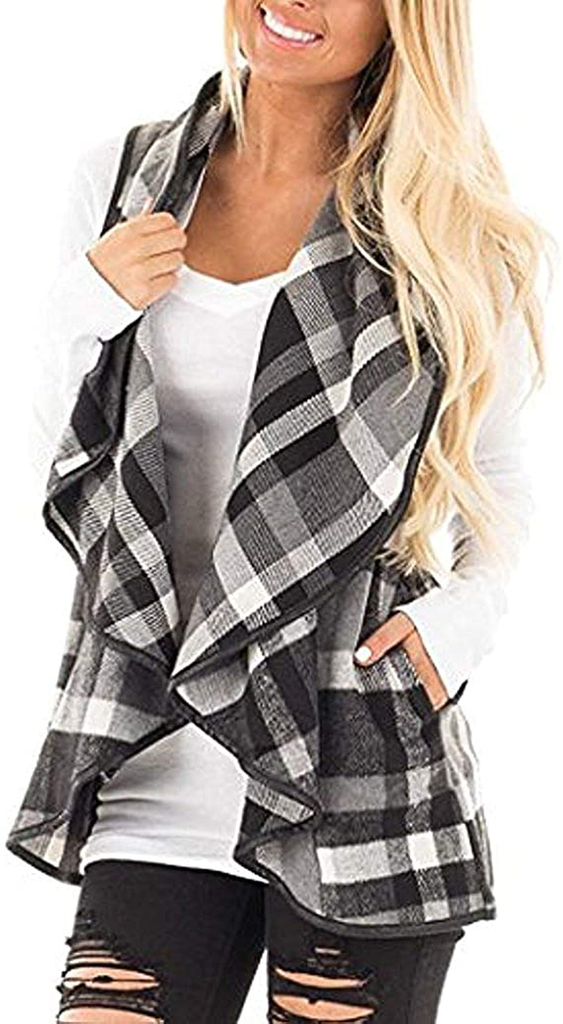 Rvshilfy Women's Color Block Lapel Open Front Sleeveless Plaid Vest Cardigan with Pockets