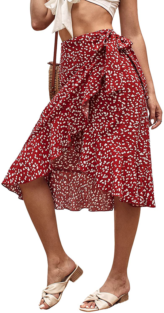 SheIn Women's Boho Ditsy Floral Knot High Waisted Wrap Split Midi Skirt