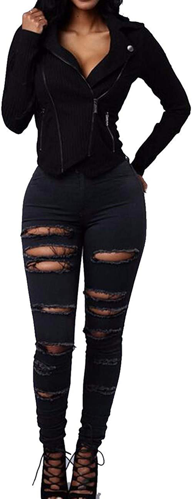 Sexyshine Women's High Waisted Skinny Destroyed Ripped Hole Denim Pants Long Stretch Pencil Jeans