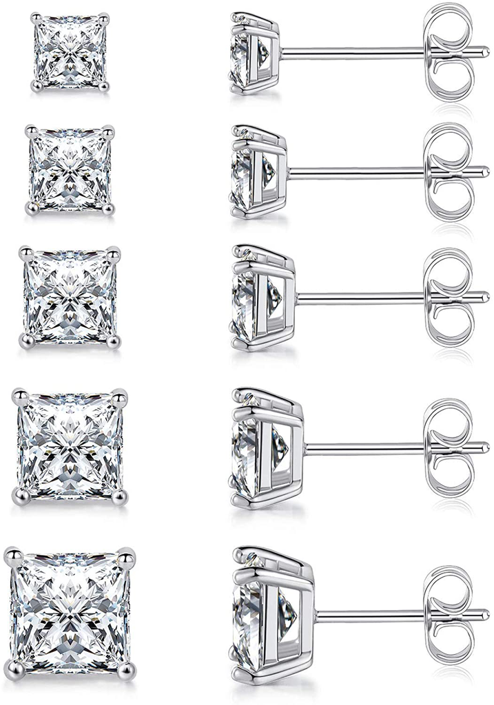 MDFUN 18K White Gold Plated Princess Cut Clear Cubic Zirconia Stud Earring Pack of 5 Pairs