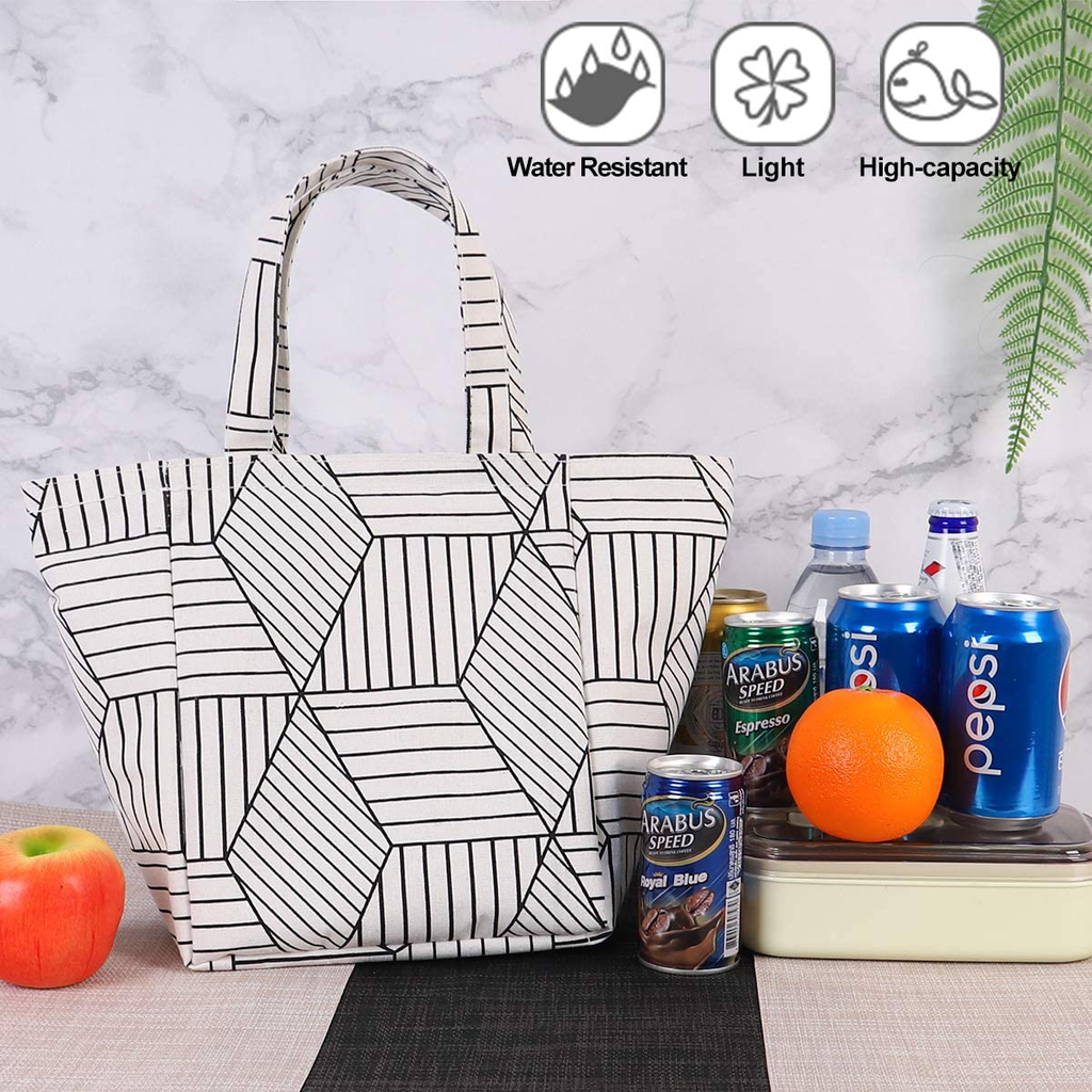 Buringer Insulated Lunch Bag with Inner Pocket Printed Canvas Fabric Reusable Cooler Tote Box for Ladies Woman Man School Work Picnic (Upgraded Grey Plaid Pattern)