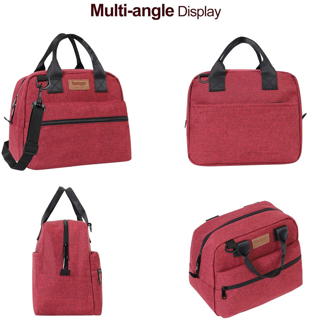 Buringer Insulated Lunch Bag Box Cooler Totes Handbag with Pockets and Removable Adjustable Shoulder Strap For Man Woman Work Shopping (Red with Shoulder Strap)