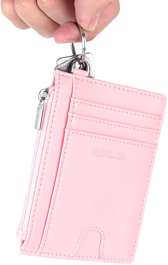 RUNBACH Slim Wallet,Minimalist Thin Front Pocket Leather Wallet,RFID Blocking Secure Card Holder With Zipper and D buckle for Men Women,Gift-Boxed (Light Pink)