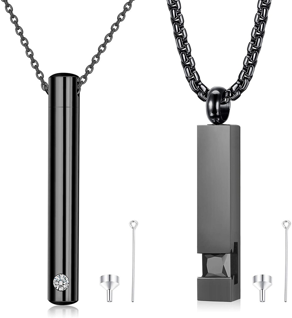 MILACOLATO 2 Pcs Cremation Urn Pendant Necklace for Memorial Black Stainless Steel with CZ Necklace Ashes Jewelry Keepsakes