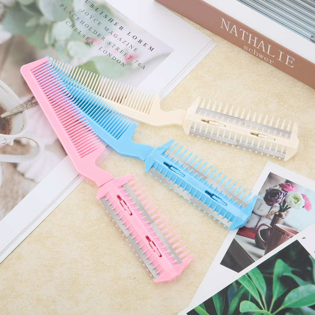 3 Pieces Razor Comb with 10 Pieces Razors, Hair Cutter Comb Cutting Scissors, Double Edge Razor, Hair Thinning Comb Slim Haircuts Cutting Tool (White, Pink, Blue, Double Sided)