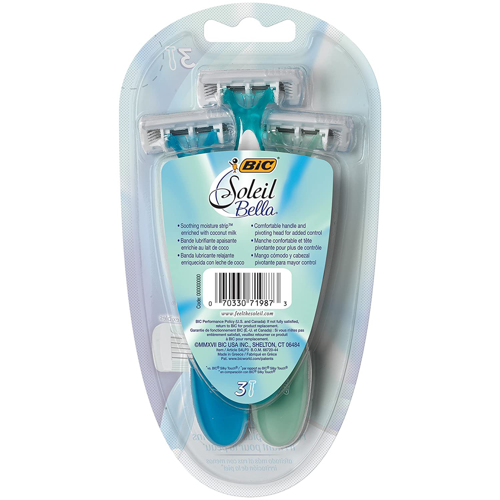 BIC Soleil Comfort, 4 Flexible Blades and Comfortable Grip, Disposable Razors for Women, Assorted Colors, 3-Count