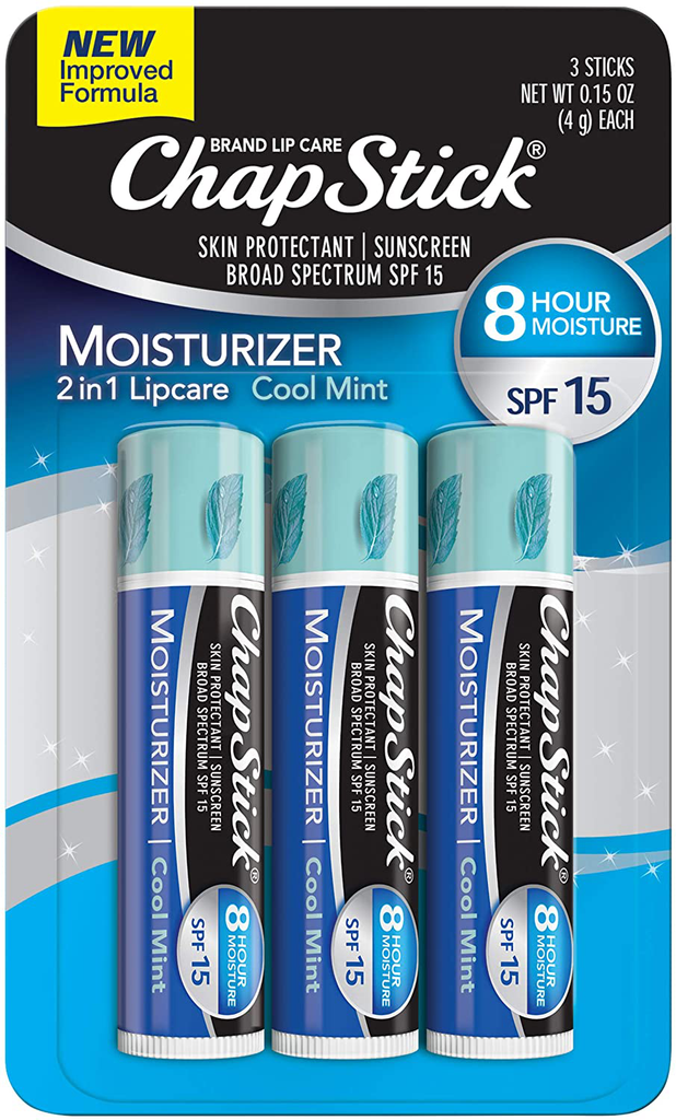 Chapstick Moisturizer Cool Mint Lip Balm Tubes, SPF 15 and Skin Protectant - 0.15 Oz (Pack of 3)