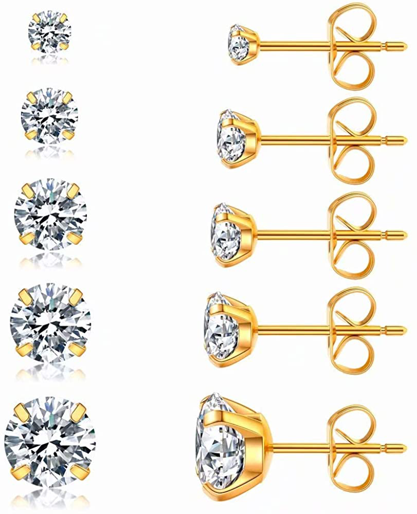 5 Pairs Stud Earrings Set, Hypoallergenic Cubic Zirconia 316L Earrings Stainless Steel CZ Earrings 3-8mm, Rose Gold …