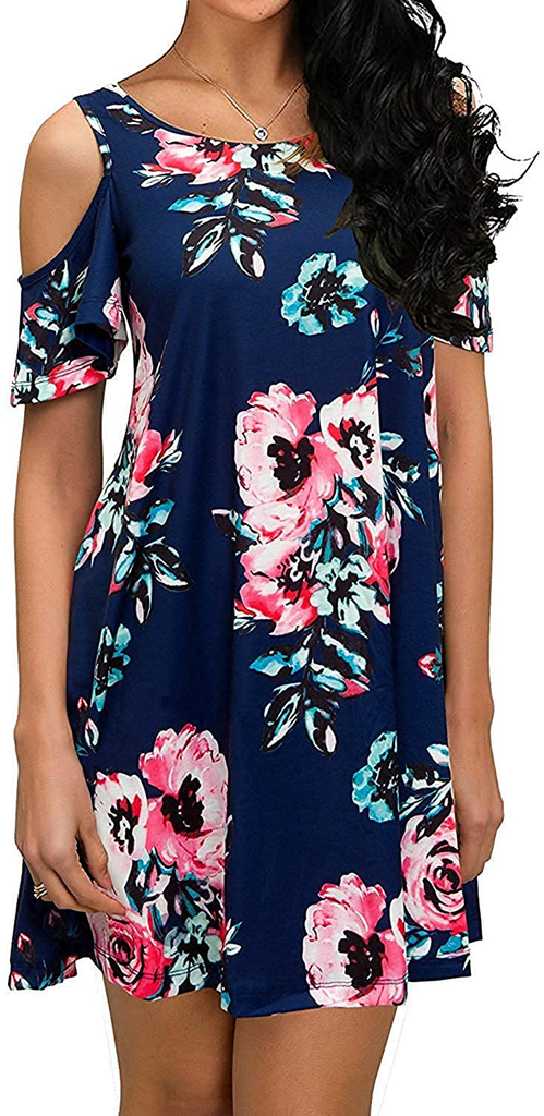 HAOMEILI Short Sleeve Women's Cold Shoulder with Pockets Casual Swing T-Shirt Dresses