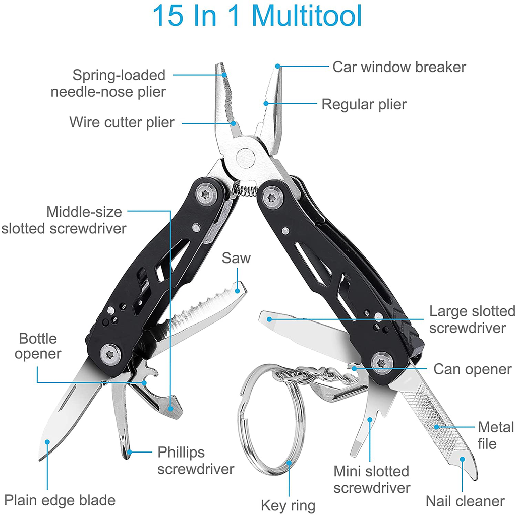 Bovgero 15-In-1 Mini Multitool Pliers with Keychain Glass Breaker, Premium Hard Stainless Steel Knives for Men, Portable Survival Fishing Camping Multi Tool Plier Knife, Black