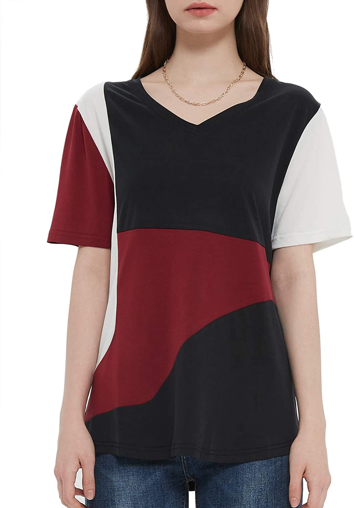 MEESHUU Womens V Neck Short Sleeve T Shirts Casual Color Block Tunic Tee Tops