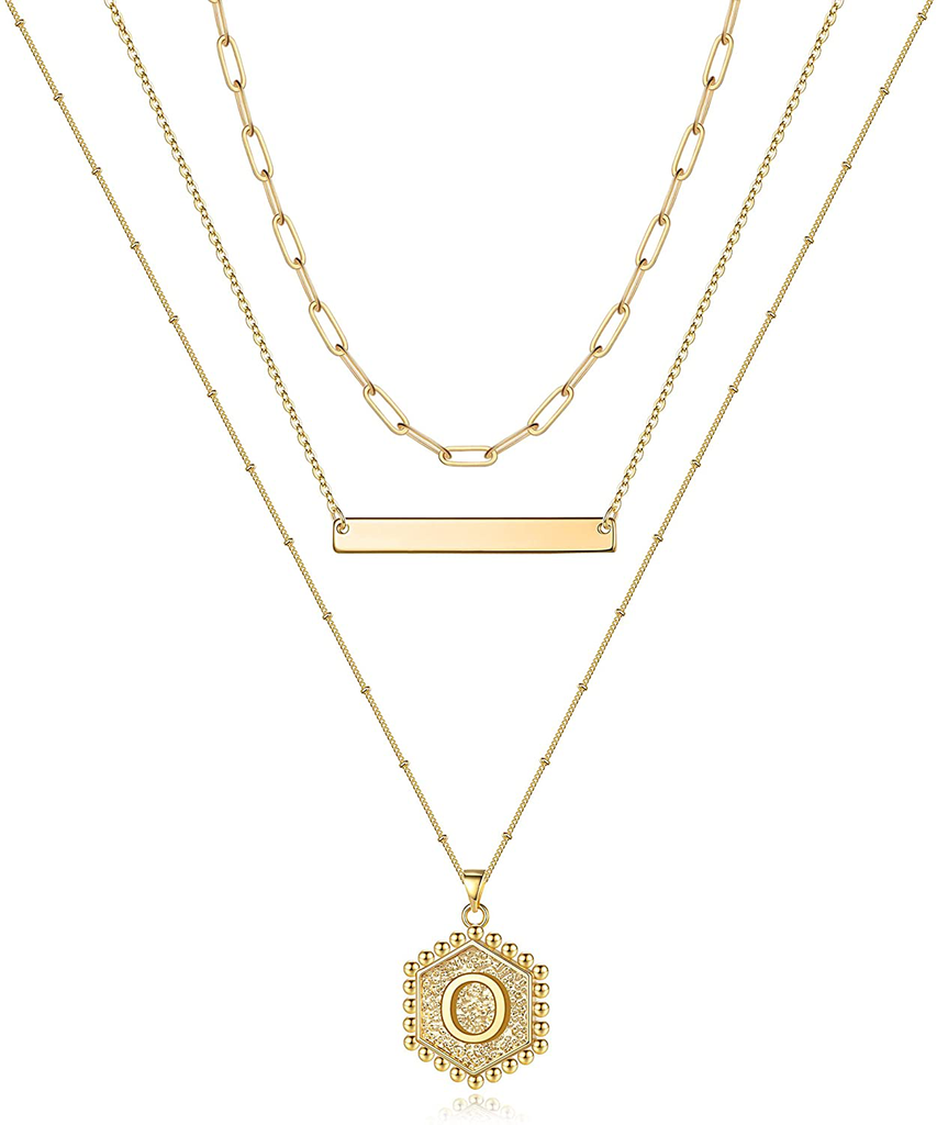 Gold Layered Initial Necklaces for Women, 14K Gold Plated Bar Necklace Handmade Layering Hexagon Letter Pendant Beads Chain Necklace Layered Necklaces for Women Gold Jewelry Gifts